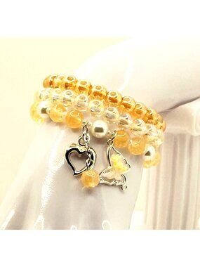 Gold Tone Beaded Bracelet Stack, Butterfly Charm Bracelet, Coquette Jewelry
